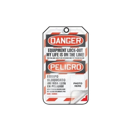 Accuform Safety Tags, DANGER EQUIPMENT LOCK-OUT MY LIFE IS ON THE LINE!, Bilingual Spanish, 5.75x3.25in, 5PK TSP107LCM